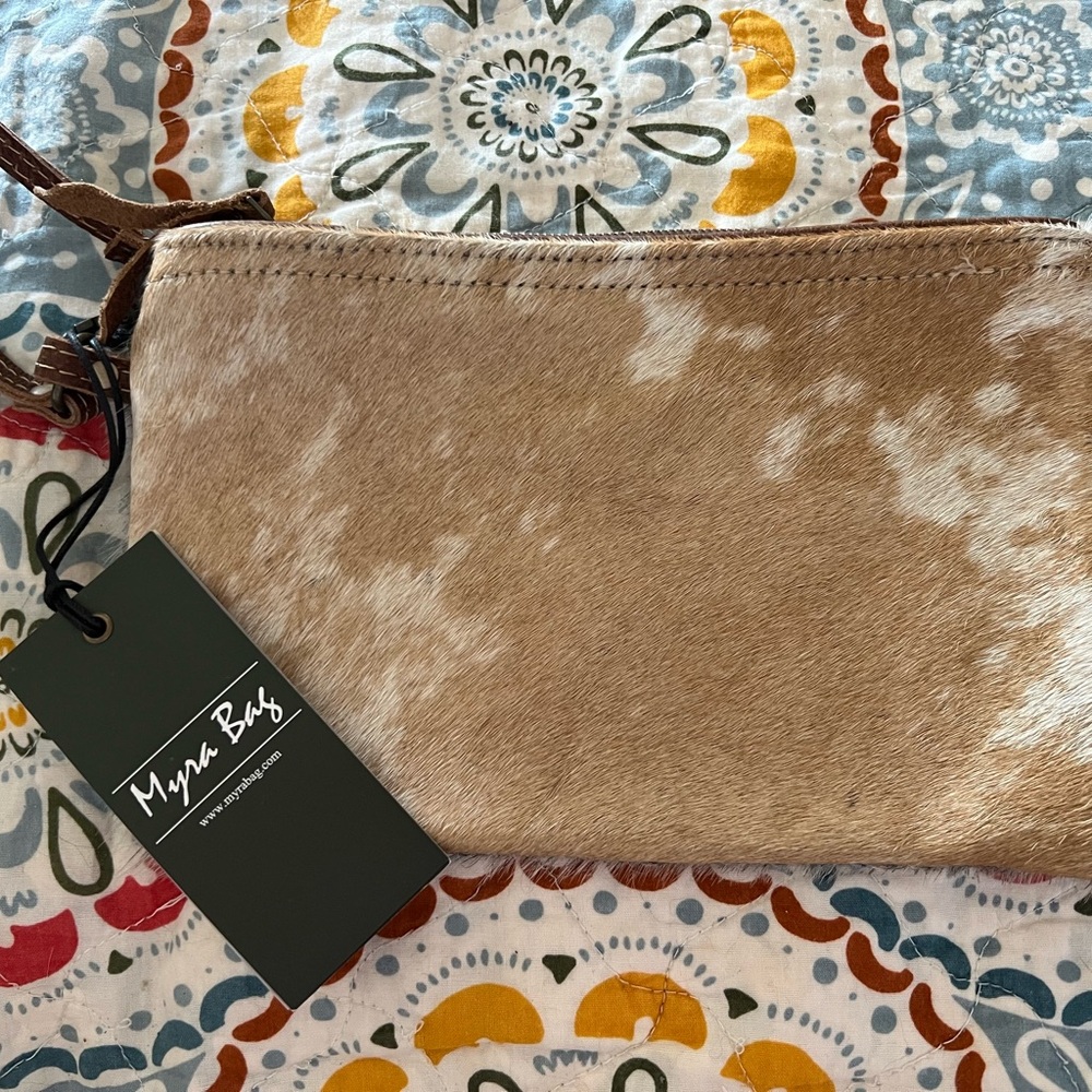 Myra Bags Tan and White Cowhide Clutch